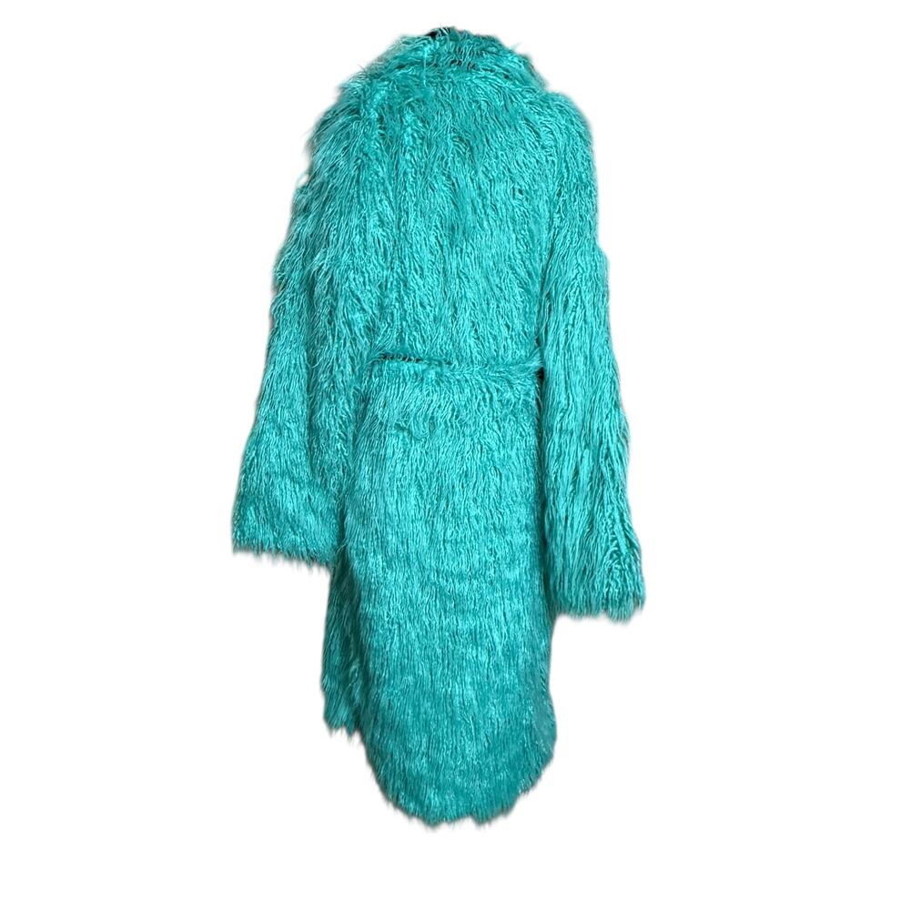 ORTTU Faux Fur Unique Trench Coat Faux Leather Size Fit XL Belted V-Neckline - Picture 3 of 9